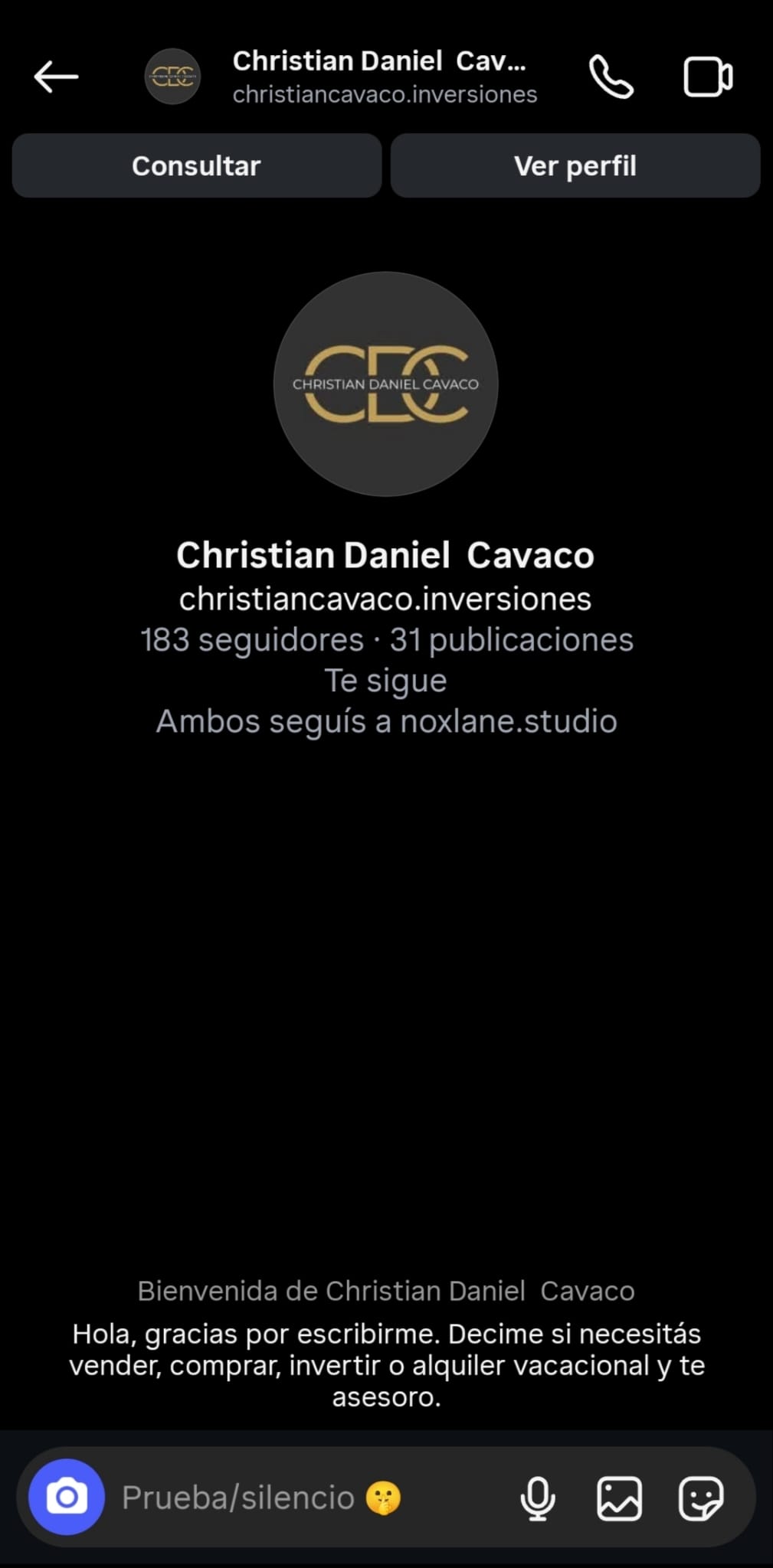 Mensaje automático de bienvenida configurado en Instagram para Christian Cavaco