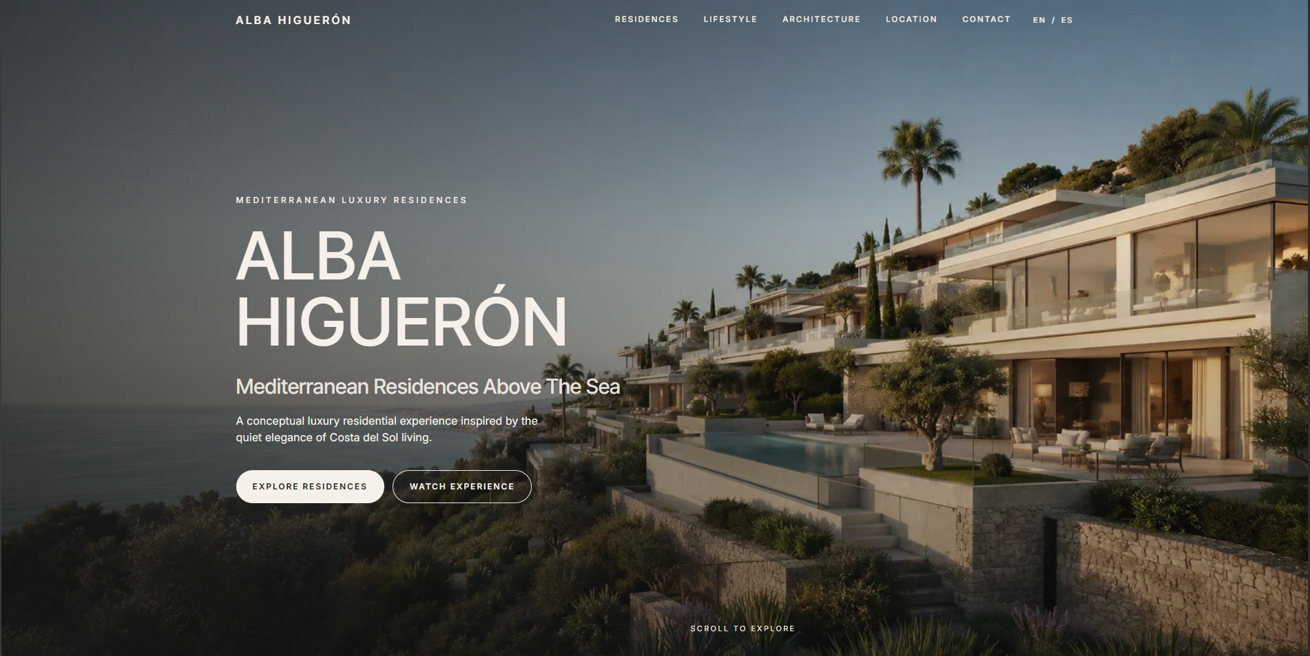 Hero principal de ALBA HIGUERÓN, experiencia digital luxury real estate