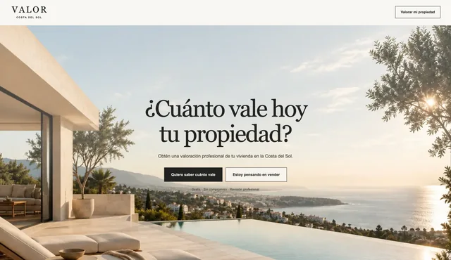 Página de inicio de Valor Costa del Sol con acceso a la valoración y vistas de la costa
