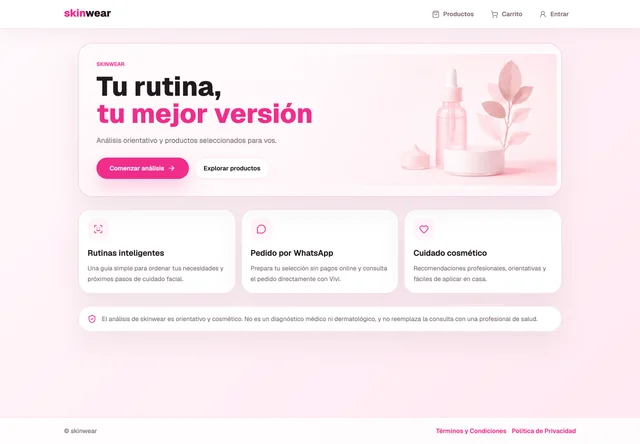Página de inicio de VIVI Skinwear con su propuesta de cuidado facial y acceso al catálogo