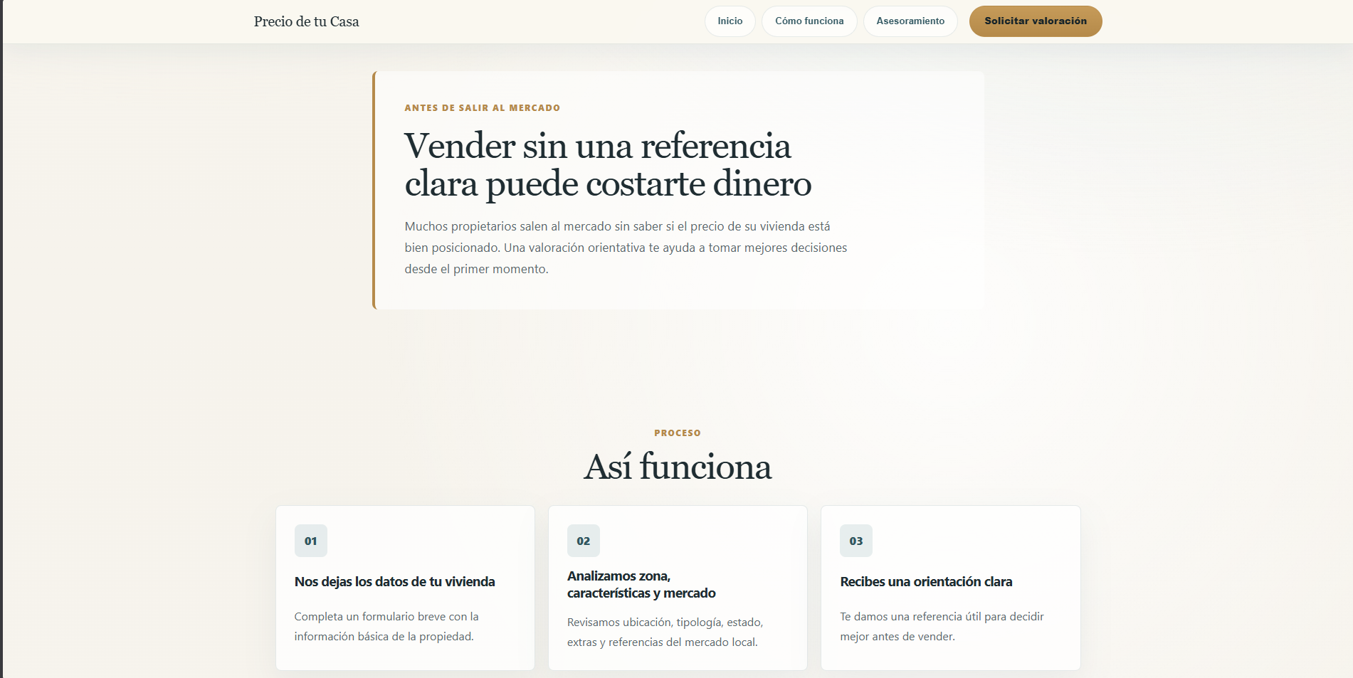 Sección de proceso y confianza de PrecioDeTuCasa