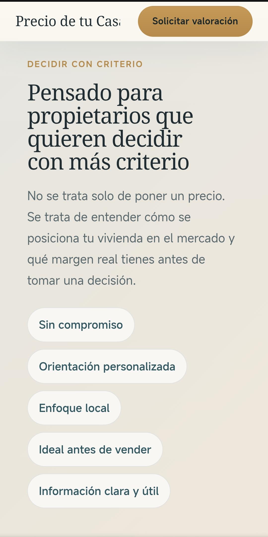 Versión móvil de la landing PrecioDeTuCasa